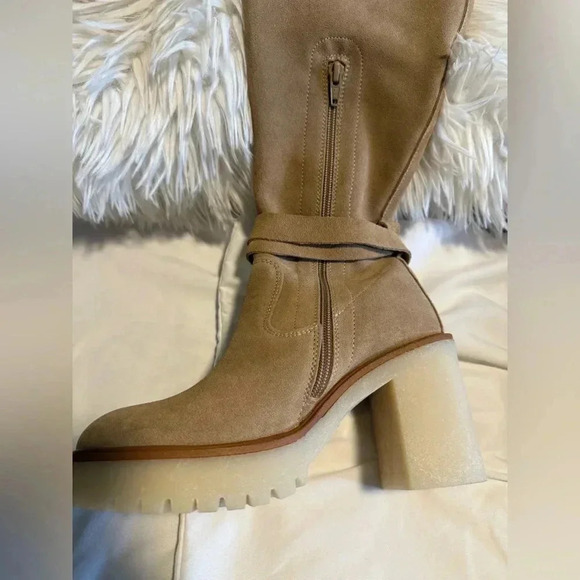 NEW FREE PEOPLE TAN BEIGE JASPER PLATFORM KNEE HIGH BOOTS SIZE 37/7 - Picture 10 of 12